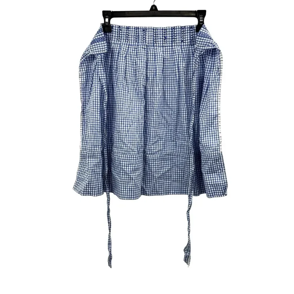 Vintage Waist Apron Needlepoint Embroidery Blue and White Gingham Tie Waist